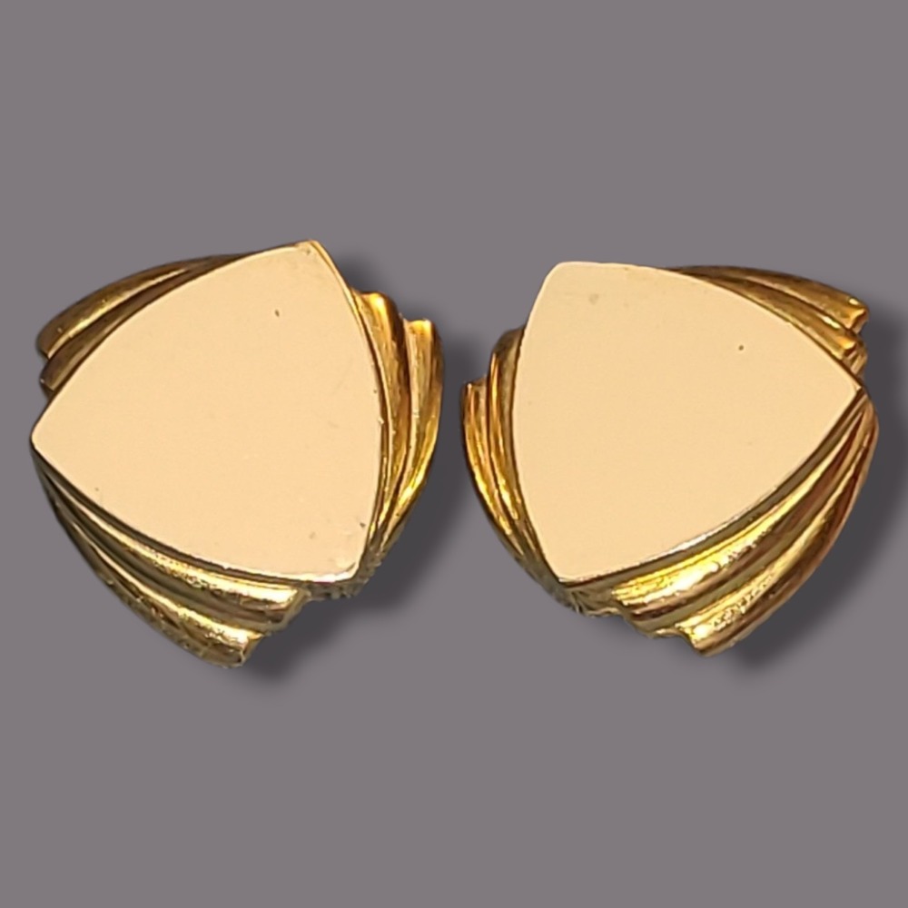 Vintage GJD Clip On Earrings Gold Tone‎ Cream Enamel Geometric